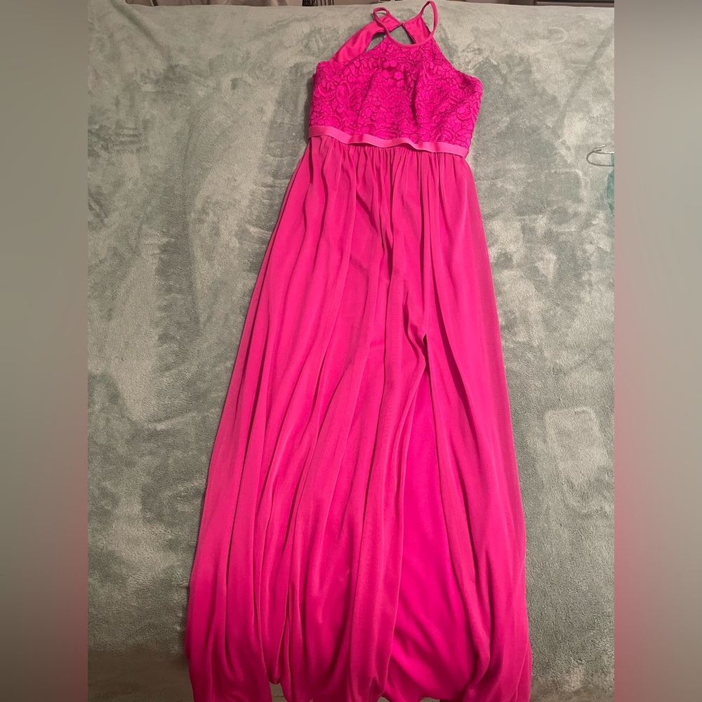 David's Bridal Lace Floral Halter Top Fuchsia Gown